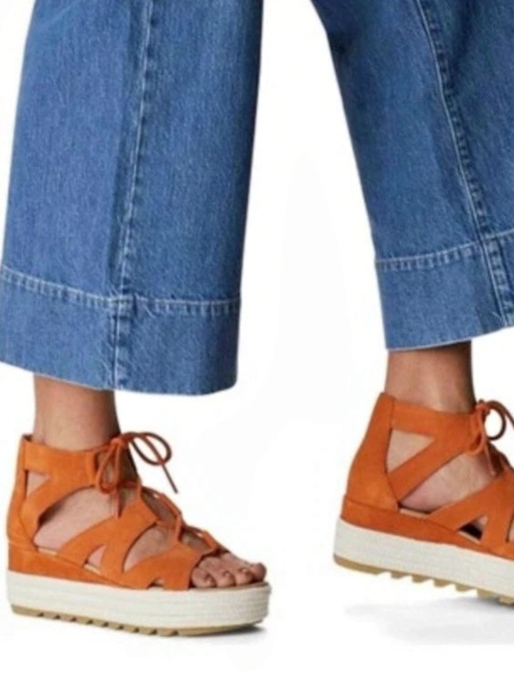 SOREL Cameron Lace-Up Espadrilles Platform Wedge Sandal Orange & White Size 8